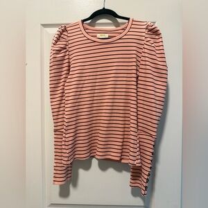 Maeve Anthropology Women’s Pink Striped Puff-Sleeve Top-size Large